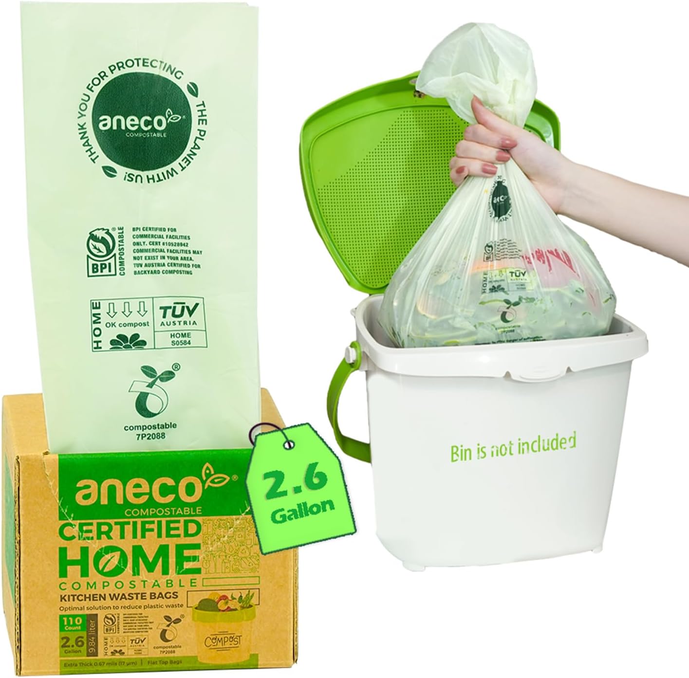 Compost Bin Countertop - 110 Count Compostable Bags 2.6 Gallon,